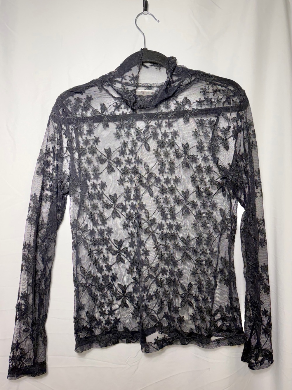 Black Lace Sheer Long-Sleeve Mock Neck Top